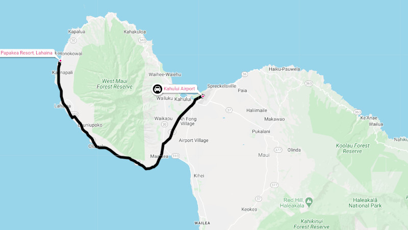 map of drive from the airport to Papakea